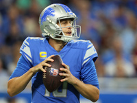 Quarterback Jared Goff (16) of the Detroit Lions looks to pass the ball during an NFL football game between the Detroit Lions and the Washin...