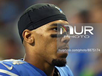 Wide receiver Amon-Ra St. Brown (14) of the Detroit Lions walks off the field after an NFL football game between the Detroit Lions and the W...