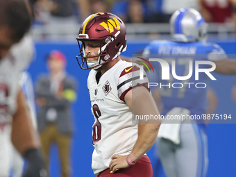 Washington Commanders place kicker Joey Slye (6) reacts after missing a kick during the second half of an NFL football game against the Detr...