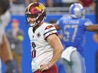 Washington Commanders place kicker Joey Slye (6) reacts after missing a kick during the second half of an NFL football game against the Detr...