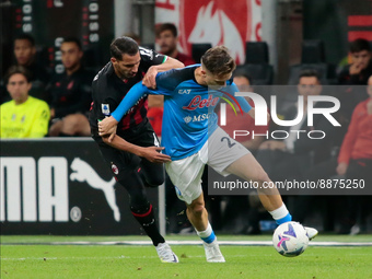 Ismael Bennacer of Ac Milan and Khvicha Kvaratskhelia of SSC Napoli during the Italian Serie A football match between Ac Milan and Ssc Napol...