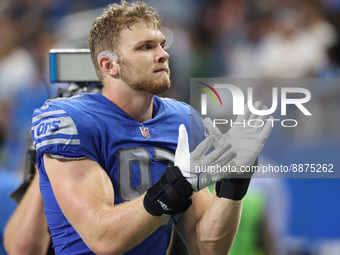 Detroit Lions defensive end Aidan Hutchinson (97) walks off the field after the conclusion of an NFL football game against the Washington Co...