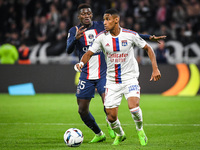Nuno MENDES of PSG and Tete of Lyon during the French championship Ligue 1 football match between Olympique Lyonnais and Paris Saint-Germain...