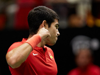 Carlos Alcaraz of Spain celebrates as he plays against Soonwoo Kwon of Republic of Korea during the Davis Cup Finals Group B Stage Men's Sin...