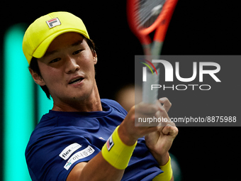 Soonwoo Kwon of Republic of Korea in action against Carlos Alcaraz of Spain during the Davis Cup Finals Group B Stage Men's Singles match be...