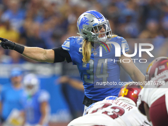 Detroit Lions linebacker Alex Anzalone (34) is seen during the second half of an NFL football game against the Washington Commanders in Detr...