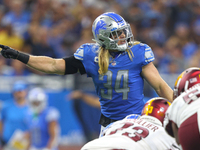 Detroit Lions linebacker Alex Anzalone (34) is seen during the second half of an NFL football game against the Washington Commanders in Detr...