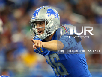 Quarterback Jared Goff (16) of the Detroit Lions signals before a play during an NFL football game between the Detroit Lions and the Washing...