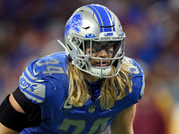 Linebacker Alex Anzalone (34) of the Detroit Lions lines up before a play during an NFL football game between the Detroit Lions and the Wash...