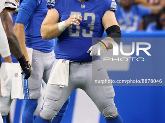 Center Evan Brown (63) of the Detroit Lions gestures before a play during an NFL football game between the Detroit Lions and the Washington...