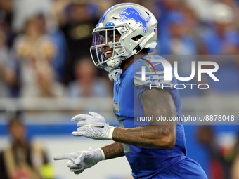 Safety DeShon Elliott (5) of the Detroit Lions gestures after a play during an NFL football game between the Detroit Lions and the Washingto...