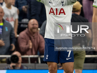 GOAL: Heung-Min Son (7) of Tottenham Hotspur celebrates his goal 5-2 during the Premier League match between Tottenham Hotspur and Leicester...