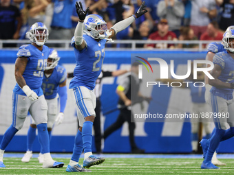 Cornerback Bobby Price (27) of the Detroit Lions celebrates a Lions touchdown during an NFL football game between the Detroit Lions and the...