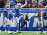 Cornerback Bobby Price (27) of the Detroit Lions celebrates a Lions touchdown during an NFL football game between the Detroit Lions and the...