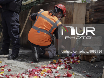 A person scatters roses outside the Rebsamen School in Mexico City, during a mass and commemoration of the earthquake of 19 September 2017 w...