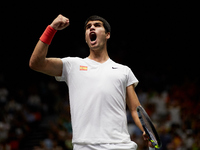 Carlos Alcaraz of Spain celebrates against Felix Auger Aliassime of Canada during the Davis Cup Finals Group B Stage Men's Singles match bet...