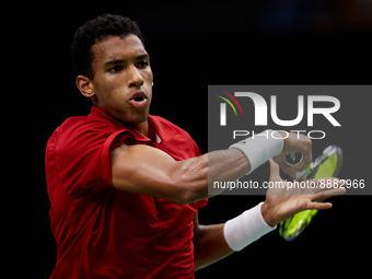 Felix Auger Aliassime of Canada in action against Miomir Kecmanovic of Serbia during the Davis Cup Finals Group B Stage Men's Singles match...
