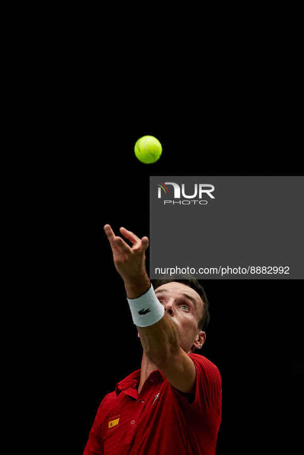 Roberto Bautista Agut of Spain serves as he plays against Seong Chan Hong of Republic of Korea during the Davis Cup Finals Group B Stage Men...