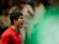 Carlos Alcaraz of Spain celebrates as he plays against Soonwoo Kwon of Republic of Korea during the Davis Cup Finals Group B Stage Men's Sin...
