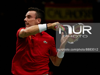 Roberto Bautista Agut of Spain in action against Seong Chan Hong of Republic of Korea during the Davis Cup Finals Group B Stage Men's Single...
