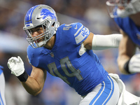 Detroit Lions linebacker Malcolm Rodriguez (44) is seen during the first half of an NFL football game against the Washington Commanders in D...