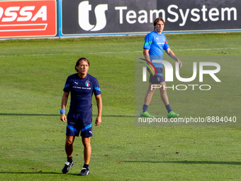 Italy´s Head Coach Roberto Mancini and Alessio Zerbin during the Other Press conference and Italy training session on September 19, 2022 at...