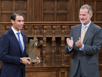 King Felipe VI  presents the 'Camino Real Award' to tennis player Rafael Nadal , during its fifth edition, at the auditorium of the Universi...