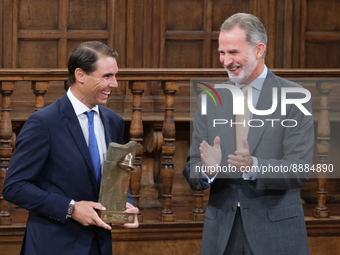 King Felipe VI  presents the 'Camino Real Award' to tennis player Rafael Nadal , during its fifth edition, at the auditorium of the Universi...