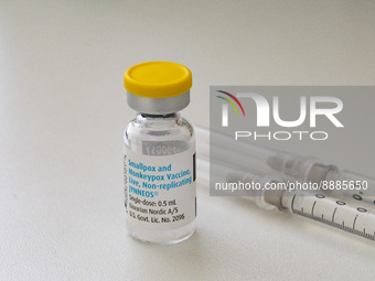 A vial and syringes with the vaccine against smallpox and monkeypox at Checkpoint Bln in Berlin, Germany on September 16, 2022. (