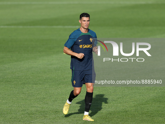 Portugal's forward Cristiano Ronaldo attends a training session at Cidade do Futebol training camp in Oeiras, Portugal, on September 20, 202...