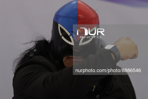 Fuerza Guerrera Jr., professional wrestling athlete, poses during a press conference in Iztapalapa, Mexico City, about the World's Largest T...