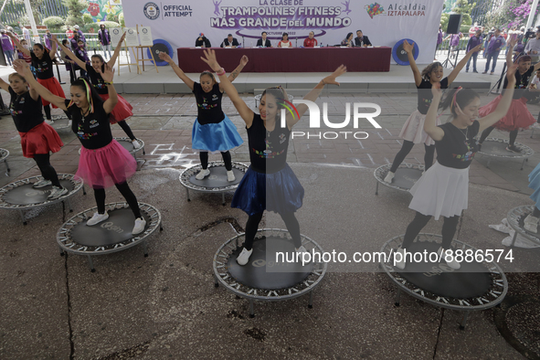 Jumping exhibition in Iztapalapa, Mexico City, during a press conference that will be used in the World's Largest Trampoline Fitness Class,...