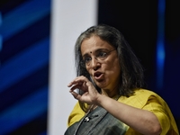 Ms. Madhabi Puri Buch, chairperson of SEBI (Securities And Exchange Board Of India) speaks in a Press Conference in Global Fintech Fest even...