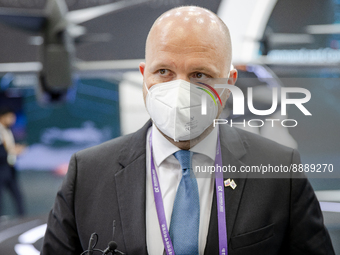 Minister of Defence of the Slovak Republic, Jaroslav Nad has an interview with media during the Defense Expo Korea 2022, the biggest militar...