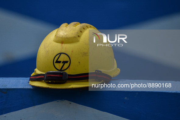 A safety helmet of Larsen & Toubro (L&T) is seen at a construction site in Kolkata on September 21, 2022.
 