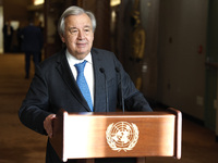 UN Secretary General Antonio Guterres speaks to the press about the current situation in Ukraine and other topics during The 77th Session Of...