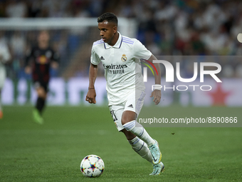 Rodrygo Goes right winger of Real Madrid and Brazil iin action during the UEFA Champions League group F match between Real Madrid and RB Lei...
