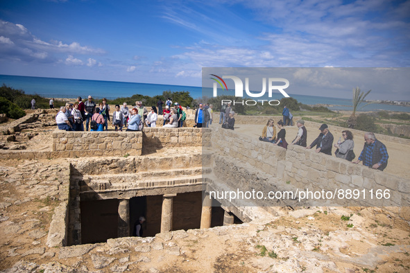 Tourists visit the Archeologic site of the Tombs of the Kings in Paphos, Cyprus on March 5, 2022. 