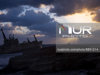 The shipwreckof the vessel Edro III at sunset on Cyprus on March 3, 2022. (