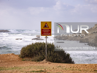 Danger sign 'Falling Rocks' on Cyprus on March 3, 2022. (