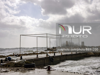 Stormy weather and sea at Coral Bay on Cyprus on March 3, 2022. (