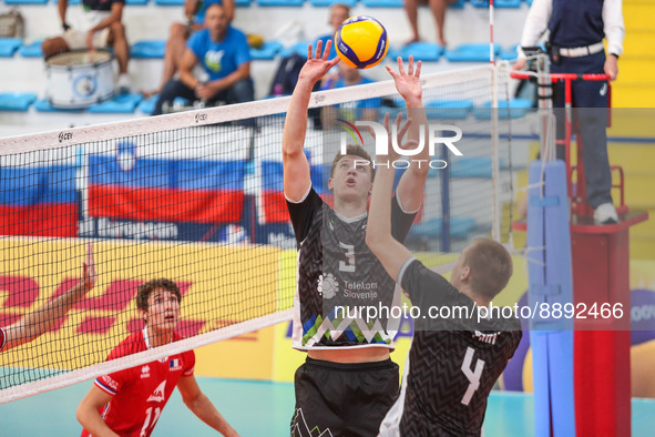 Nejc Kozar SLO) in action during the Volleyball Intenationals U20 European Championship - Slovenia vs France on September 22, 2022 at the Mo...