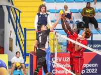 Rok Bracko (SLO) and Hneri Leon (FRA) in action during the Volleyball Intenationals U20 European Championship - Slovenia vs France on Septem...