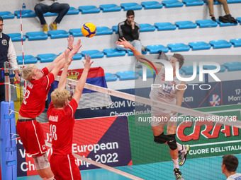 Spike of Branko Kopitic (SRB) during the Volleyball Intenationals U20 European Championship - Slovakia vs Serbia on September 22, 2022 at th...