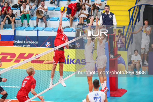 Spike of Matej Turcani (SVK) during the Volleyball Intenationals U20 European Championship - Slovakia vs Serbia on September 22, 2022 at the...