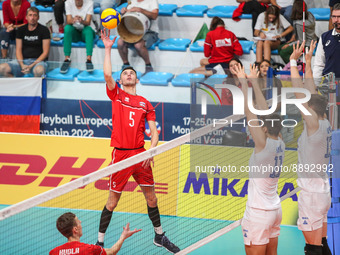 Spike of Erik Gulak (SVK) during the Volleyball Intenationals U20 European Championship - Slovakia vs Serbia on September 22, 2022 at the Mo...