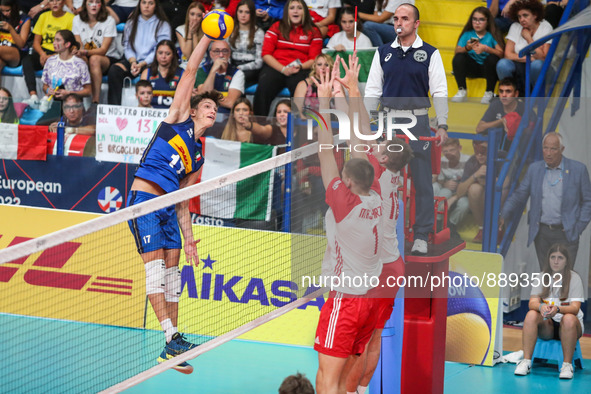 Spike of Luca Porro (ITA) during the Volleyball Intenationals U20 European Championship - Italy vs Poland on September 22, 2022 at the Monte...
