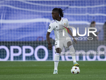 Eduardo Camavinga central midfield of Real Madrid and France controls the ball during the UEFA Champions League group F match between Real M...