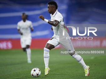 Vinicius Junior left winger of Real Madrid and Brazil during the UEFA Champions League group F match between Real Madrid and RB Leipzig at E...