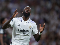 Antonio Rudiger centre-back of Real Madrid and Germany lament a failed occasion during the UEFA Champions League group F match between Real...